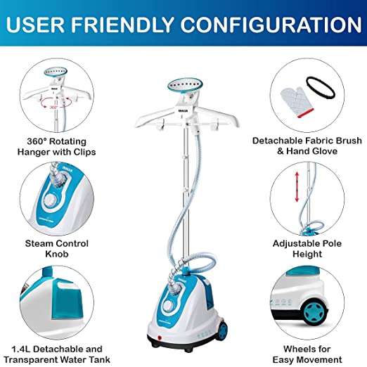 INALSA Garment Steamer Speedy Steam – 1700 W |Variable Steam Control Knob | Powerful Steam Output -Upto 30g/min |1.4L Detachable Large Water Tank |Includes Fabric Brush & Hand Glove,(White/Aqua Green) INALSA Garment Steamer Speedy Steam – 1700 W |Variable Steam Control Knob | Powerful Steam Output -Upto 30g/min |1.4L Detachable Large Water Tank |Includes Fabric Brush & Hand Glove,(White/Aqua Green)